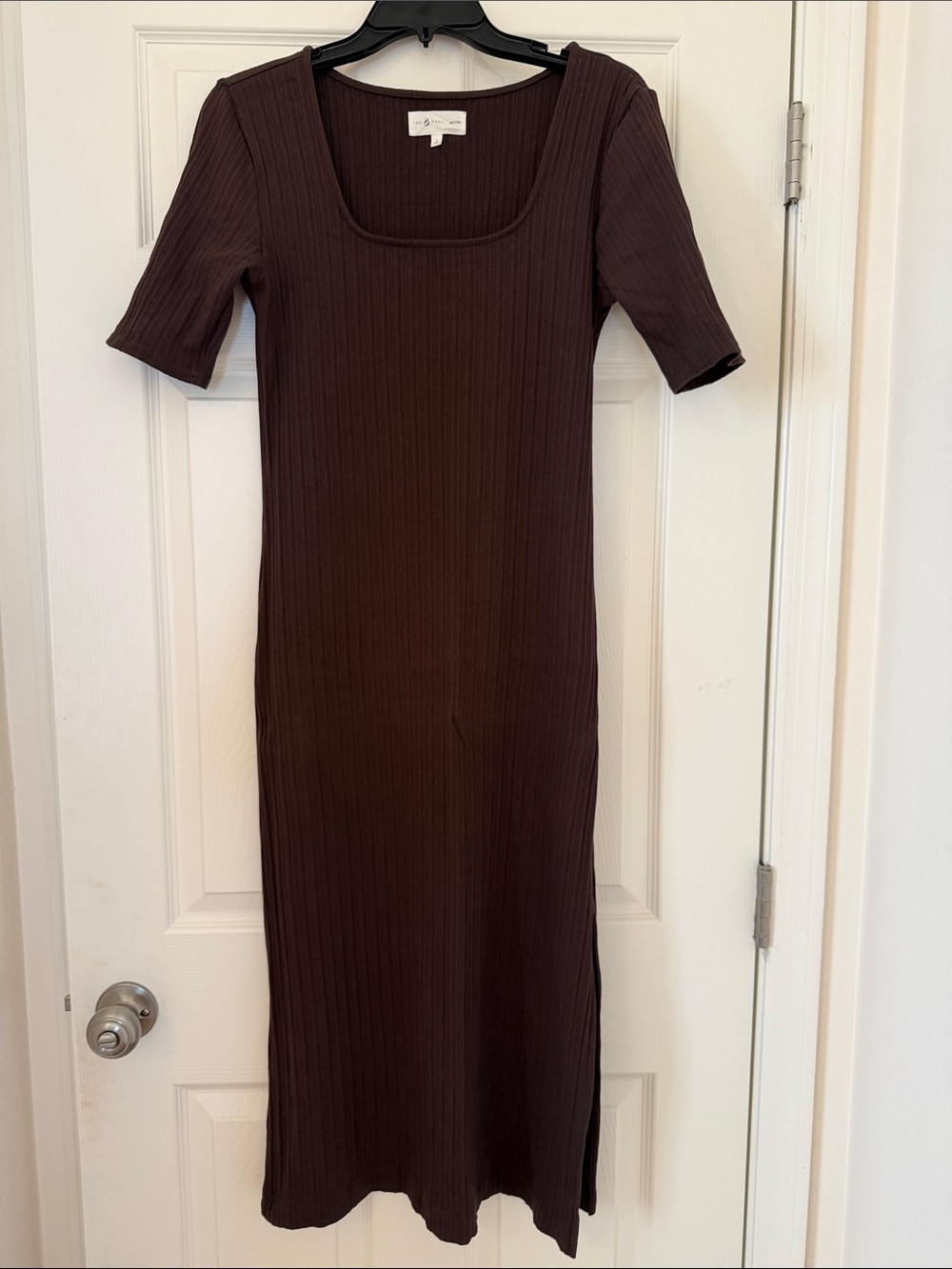 Lou & Grey Ribbed Square-Neck Midi Dress in Dark Brown